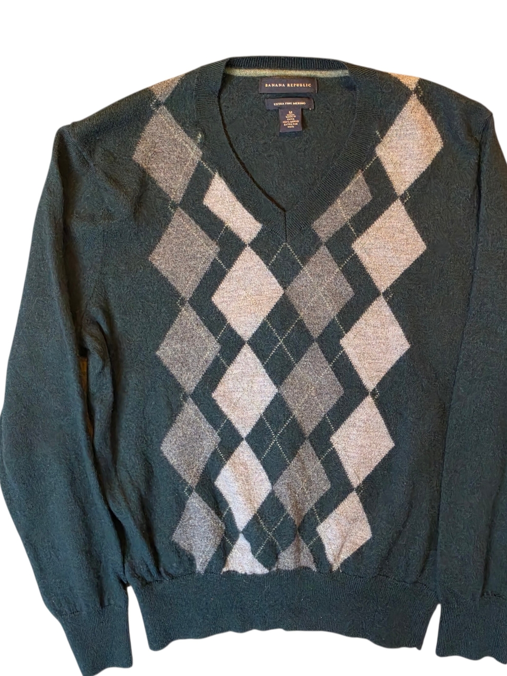 Banana Republic Dark Green Argyle V-Neck Sweater Mens Medium Wool Preppy